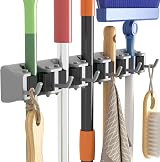 Lifewit Broom Mop Holder Wall Mounted 5 Slots 6 Hooks Gray 41x5.5x7cm