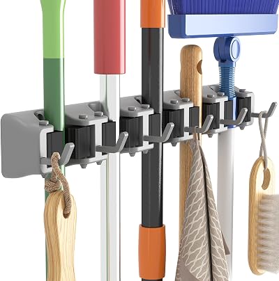 Lifewit Broom Mop Holder Wall Mounted 5 Slots 6 Hooks Gray 41x5.5x7cm