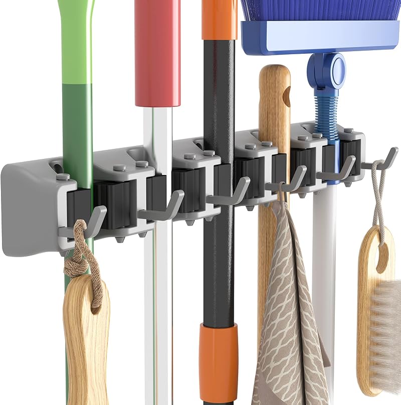 Lifewit Broom Mop Holder Wall Mounted 5 Slots 6 Hooks Gray 41x5.5x7cm
