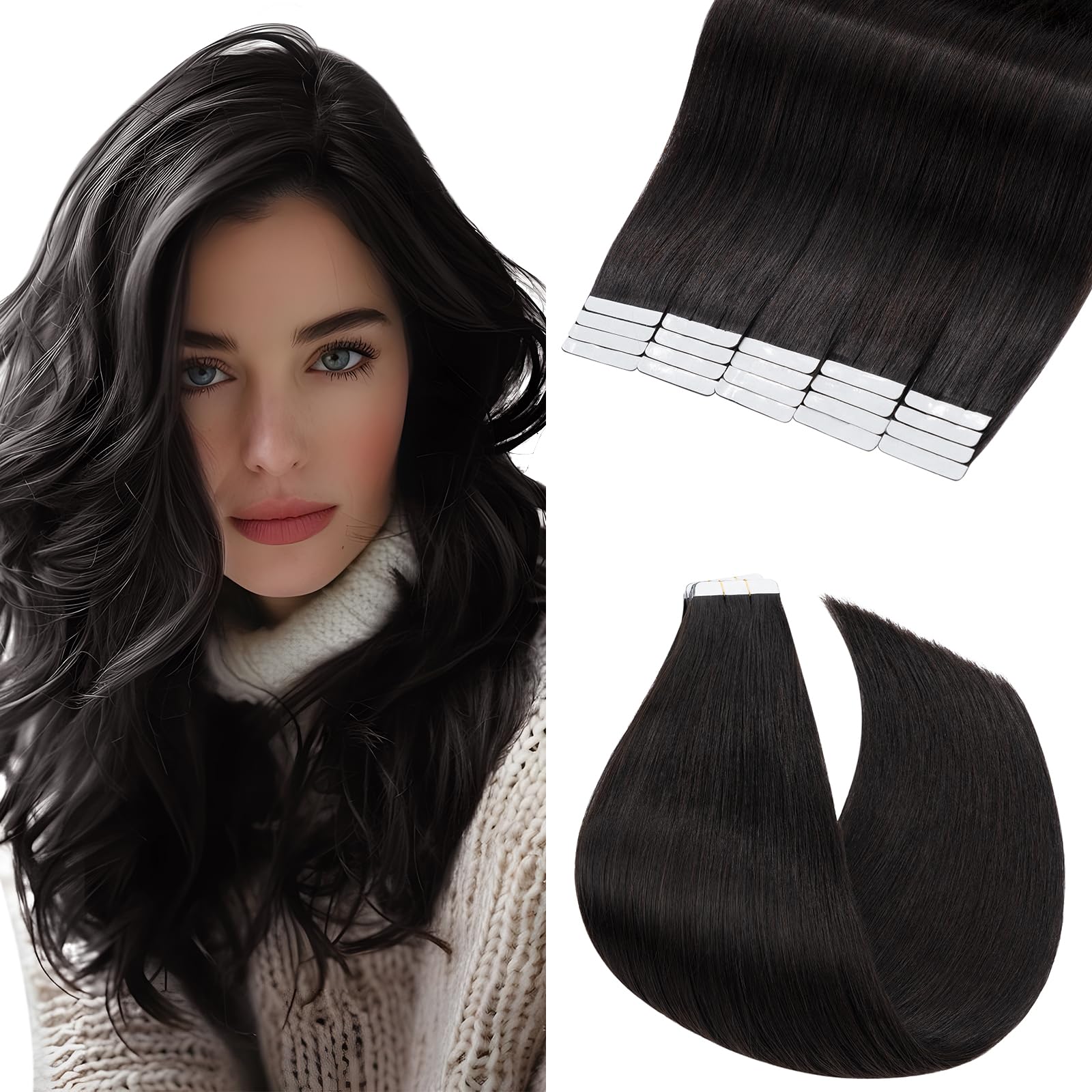 Elailite 20 Pcs Tape in Hair Extensions Real Human Hair Black - Seamless Skin Weft Real Remy Hair Extension Invisible Straight (#1B Natural Black, 12 Inch-30g) — image 1
