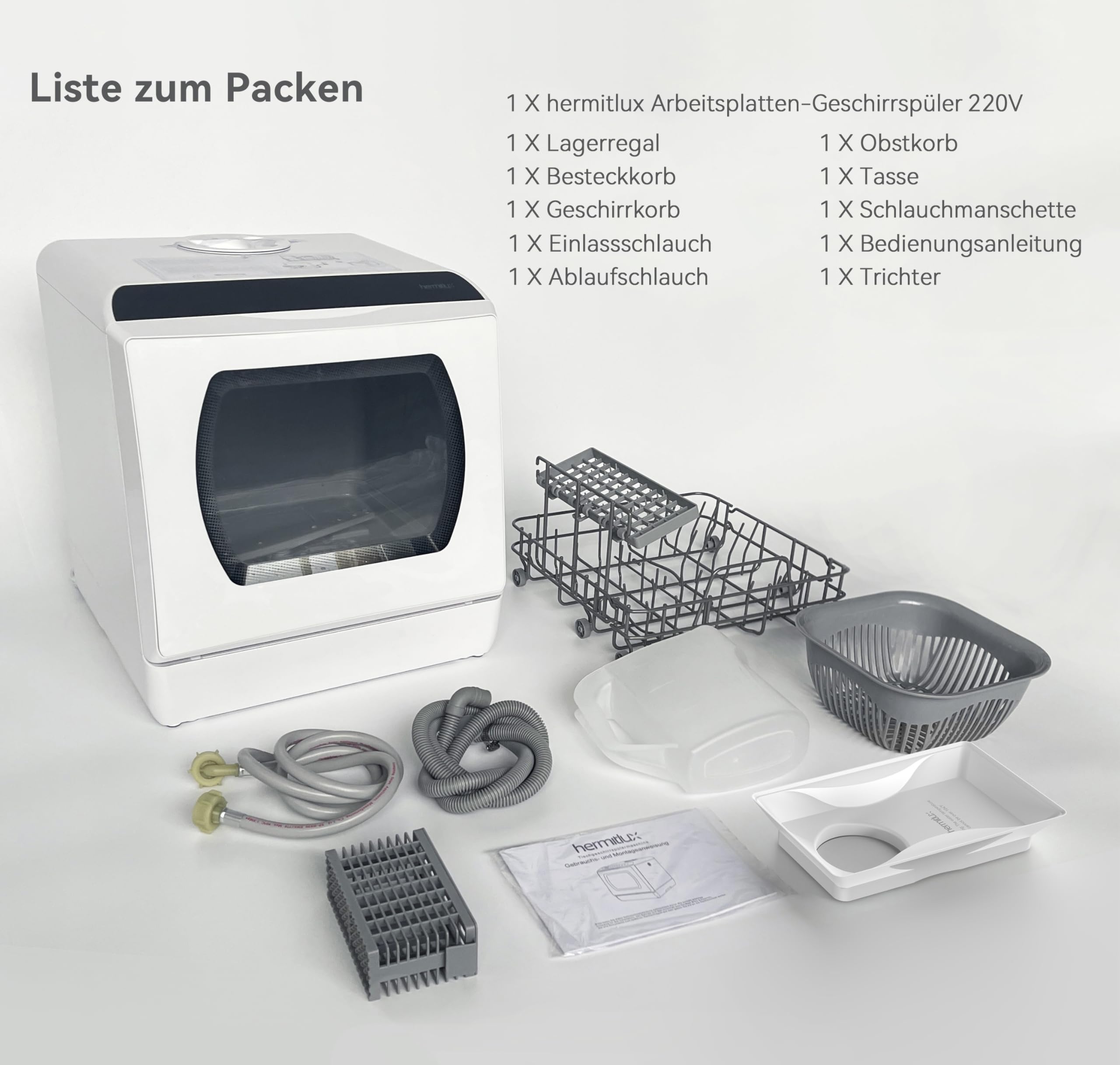 Hermitlux Mini Geschirrspüler, Spülmaschine für 4 Bestecksätze, 5 Liter Wassertank, 6 Programme Mini Tischgeschirrspüler, Perfekt für Wohnungen, Schlafsäle, Camping, Weiß 8