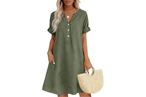 Frostluinai Linen Dress for Women Short Sleeve V Neck Button Down Tunic Dress Gauze Summer Loose Fit Sundress