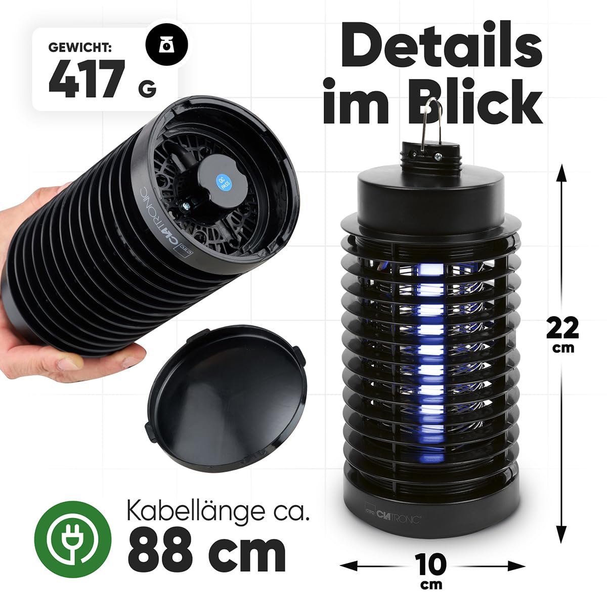 Clatronic® Insektenvernichter elektrisch | Mückenfalle Tag & Nacht | für bis zu 50qm | Mückenlampe ohne Chemie oder Duftstoffe | Fliegenfalle elektrisch inkl. Reinigungsbürste | Lichtfalle ISL 3823 7