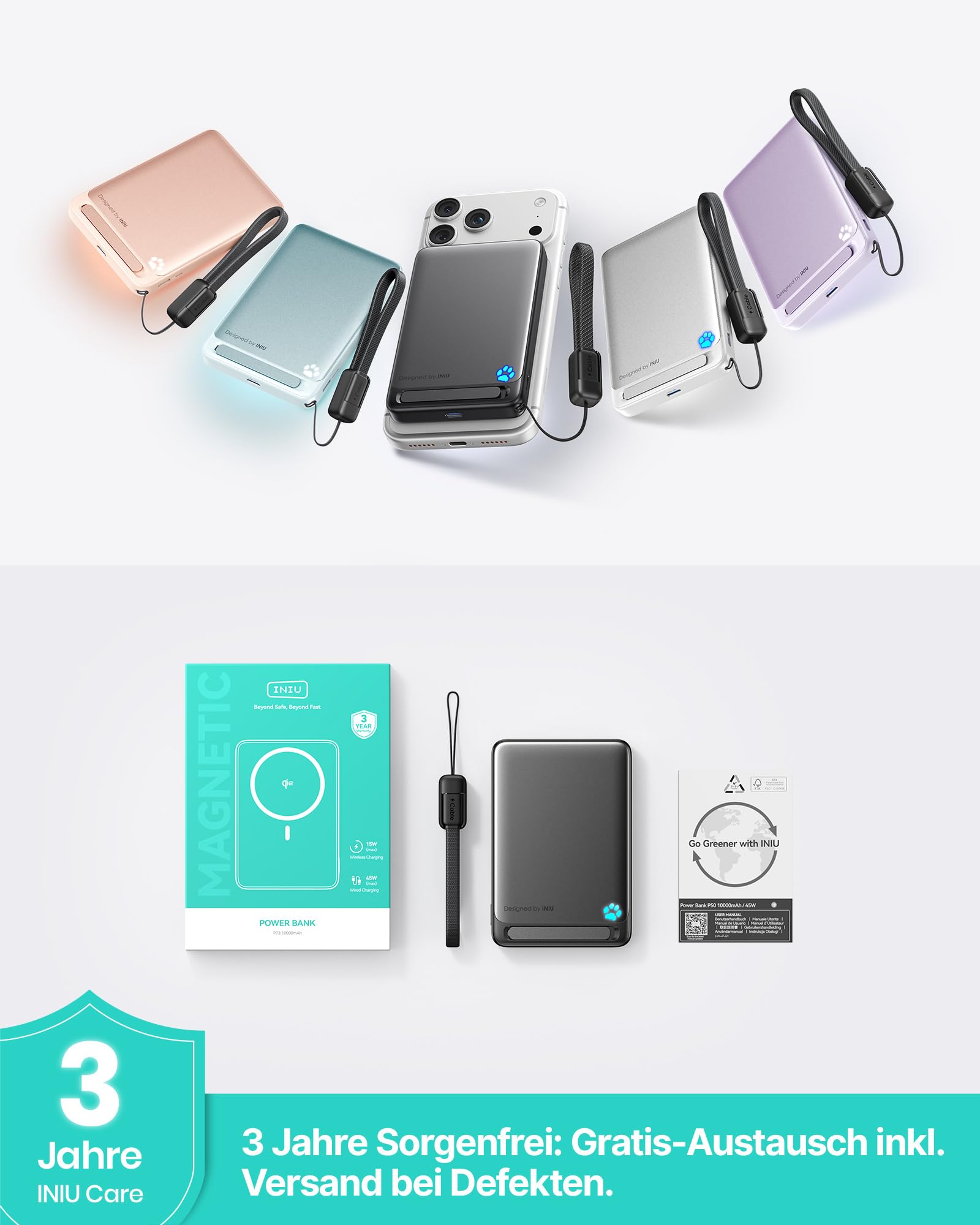 INIU Ultra-schlank 10000mAh Power Bank für MagSafe, Original Qi2-zertif. Wireless Fast Charging, 45W Externe Akku mit USB C Kabel & Ständer, Reise-Essential Magnetische Akkubank für iPhone 17-12 Serie 7