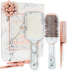 Lily England Hair Brush Set - Paddle Brush, Round Blow Drying Hairbrush, Comb & Clips, Marble & Rose Gold