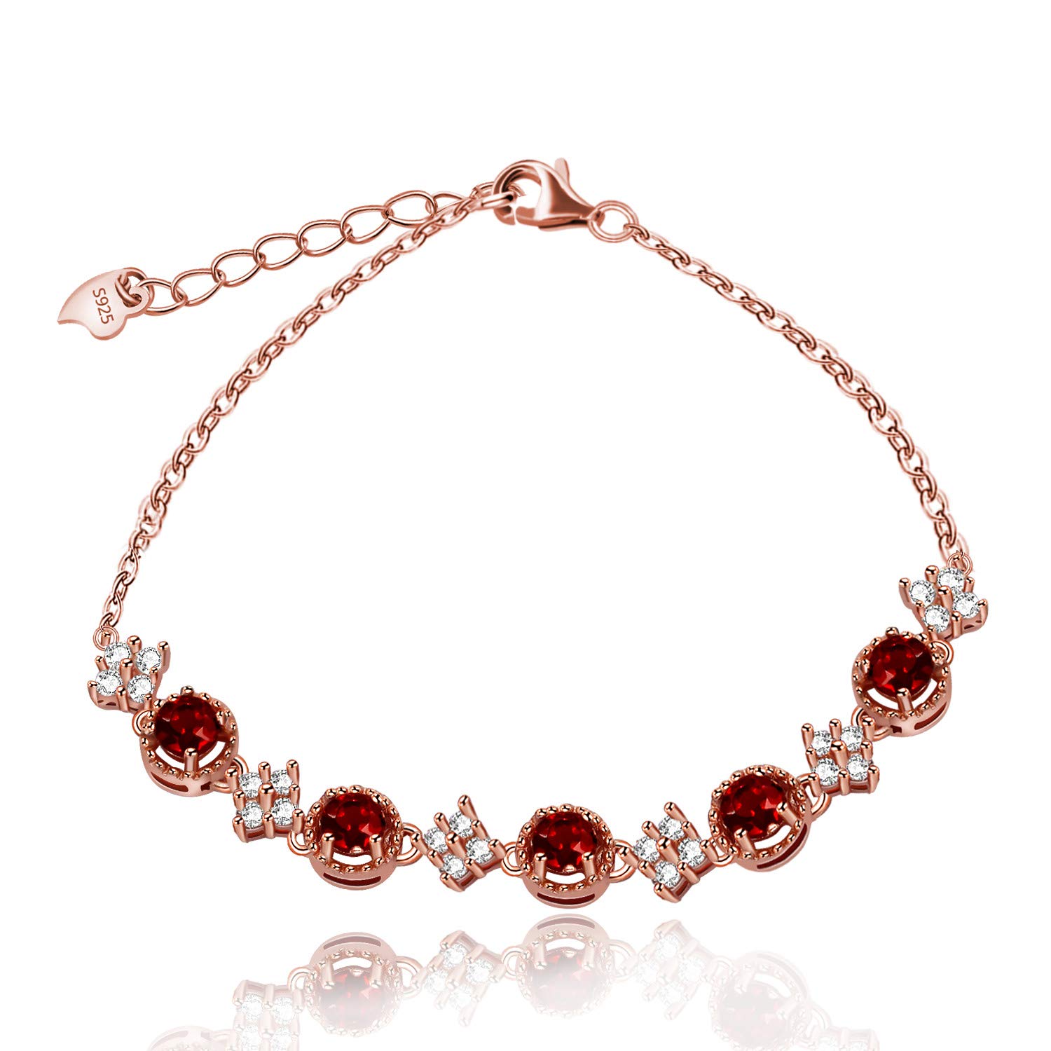 Uloveido Women 925 Sterling Silver Red Garnet Stone Bracelet for Girls Mom Rose Gold Plated January Birthstone Bracelet FB050