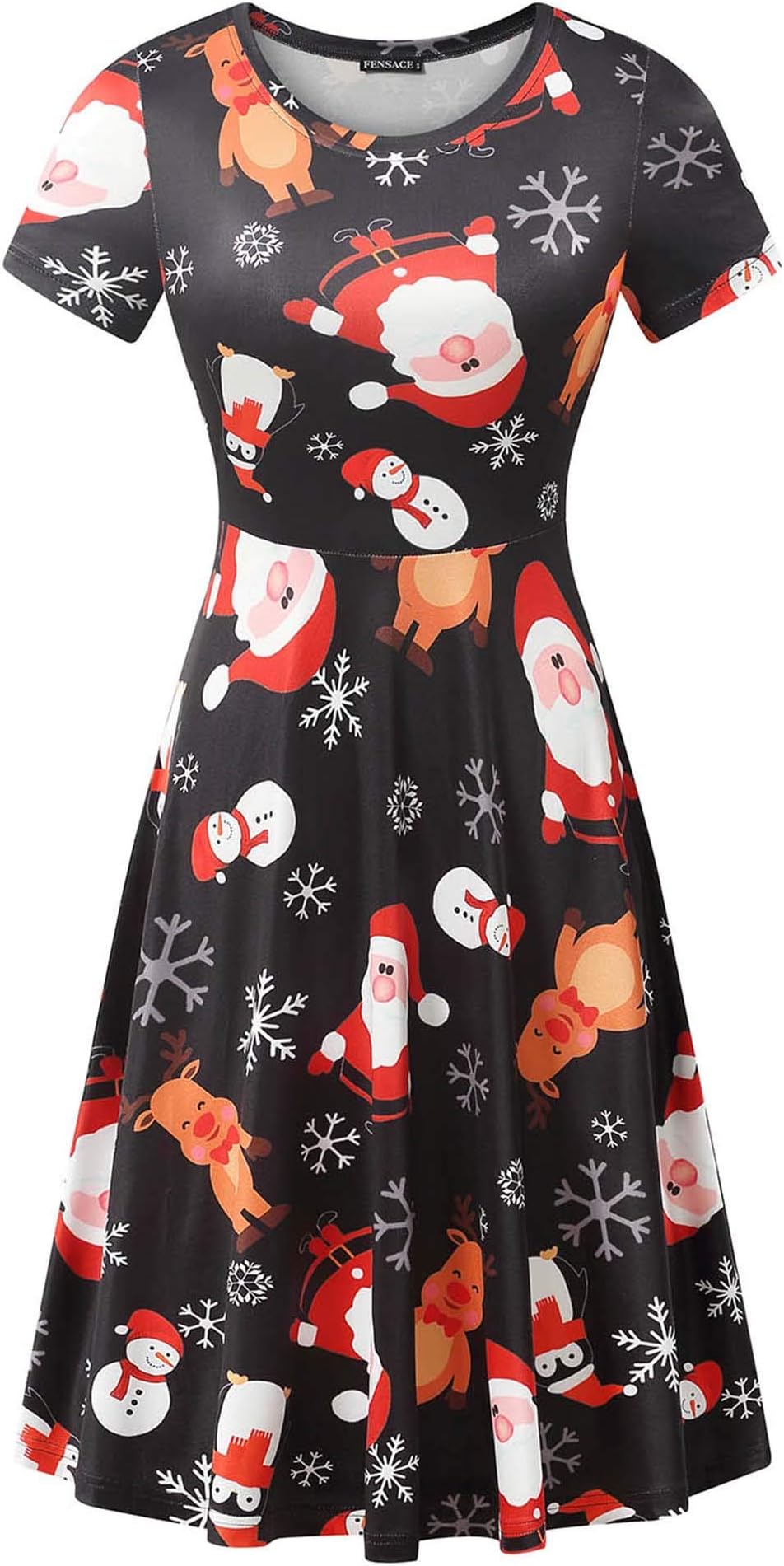 FENSACE Womens Round Neck Short Sleeve Fit and Flare Skater Midi Casual Christmas Dress โฆ