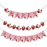 Strawberry Happy Birthday Banner, Pre-Strung Sweet Berry Strawberry Garland Hanging Birthday Banner Ideal Baby Shower Red Fruit Themed Gender Reveal Parties Decoration Supplies