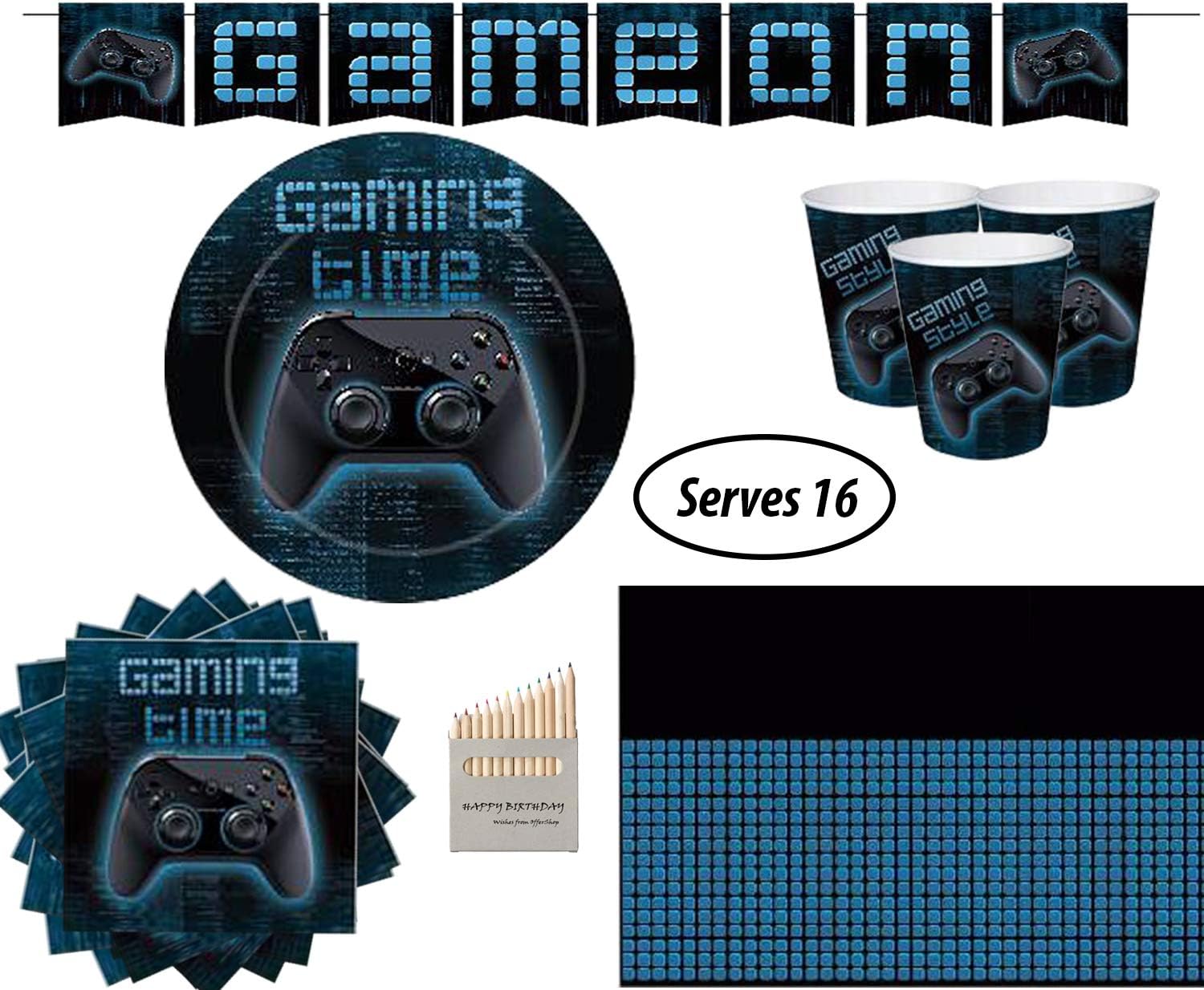 GAME ON Party Supplies 51 Piece Video Gaming Party Decoration set Including Plates,Cups,Napkins,Tablecloth,Banner Free Colour Pencils Serves 16 Guests
