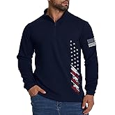 H HYFOL Mens Sweatshirt Waffle American Flag USA Patriotic Graphic Quarter Zip Stand Collar Casual Pullover