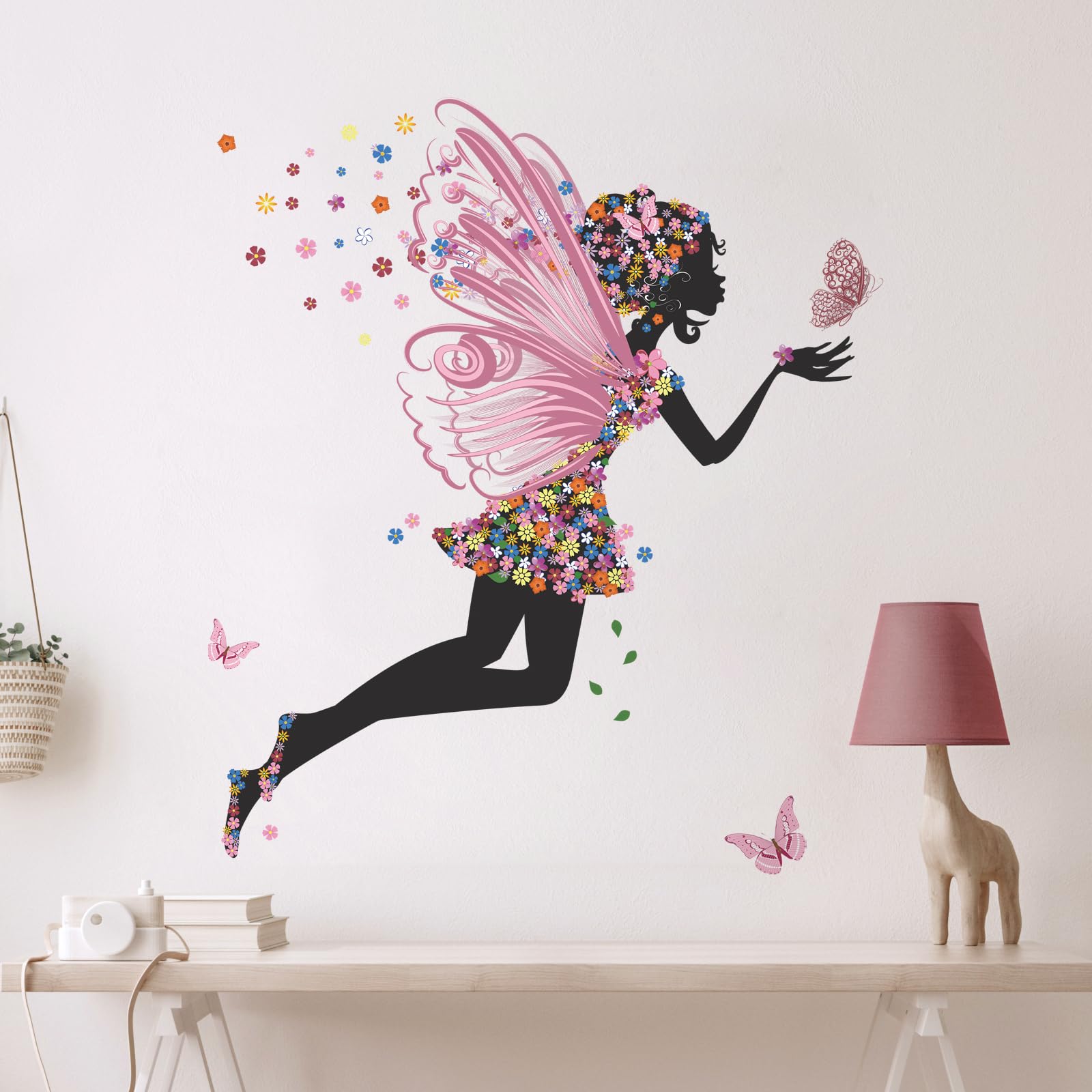 Tanlaby Flowers Butterfly Girl Wall Stickers, Removable Vinyl Wall Decals, Art Mural Stickers for Nursery Kids Bedroom Wall Decor