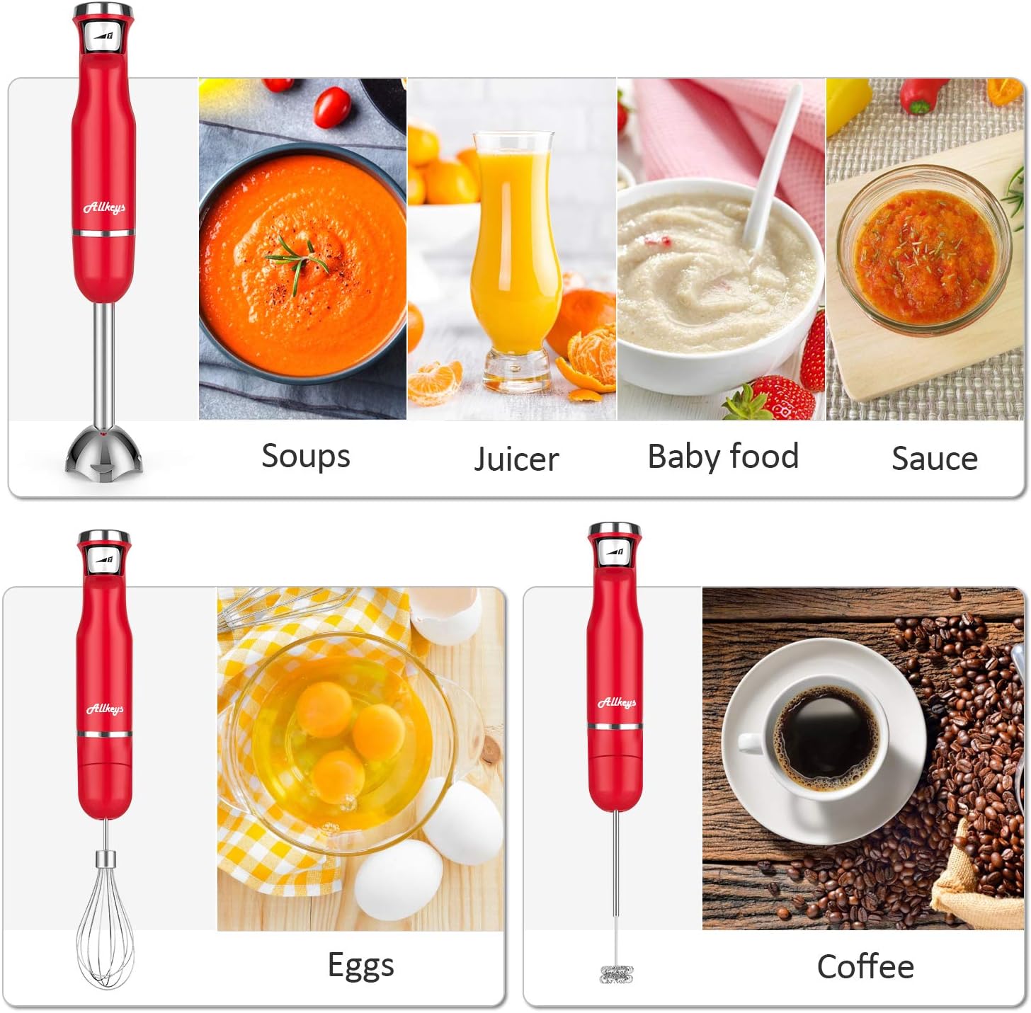 ALLKEYS 500W Immersion Hand Blender, 3-in-1 Stainless Steel Stick Blender(Titanium Reinforced), Smart Stepless Speed, Includes 600ml Mixing Beaker / Whisk Attachment /Milk Frother, BPA-Free, Detachable: Kitchen & Dining