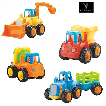 vGRASSP Unbreakable Automobile Hola Car Toy Set - Friction Powered Construction Vehicles- Set of 4 (Tractor, Bulldozer, Cement Mixer Truck, Dumper)