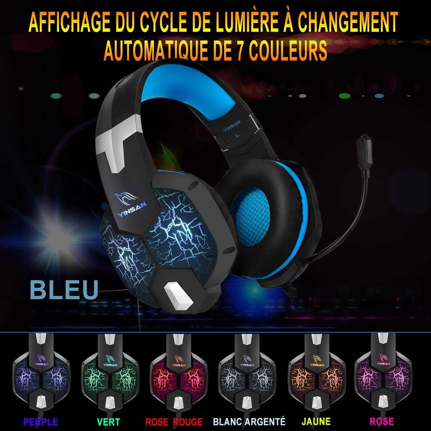 Casque Gaming PS4, YINSAN Casque Gamer Xbox One avec Micro Anti Bruit, Casque PC pour Stéréo Bass LED lumière avec 3.5mm Connecteur Compatible pour Xbox One / PC / Laptop / Tablette / Smartphone