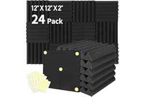 Focusound 24 Packs Acoustic Foam Panels 2" X 12" X 12", Soundproofing Foam Noise Cancelling Foam with 120 PCS Double-Side adhesive