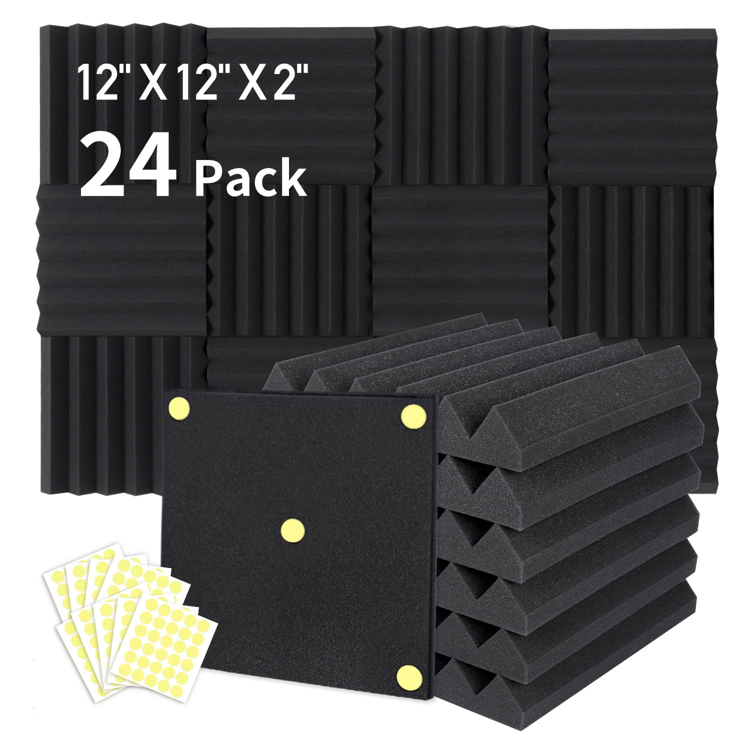 Photo 1 of Focusound 24 Packs Acoustic Foam Panels 2" X 12" X 12", Soundproofing Foam Noise Cancelling Foam with 120 PCS Double-Side adhesive