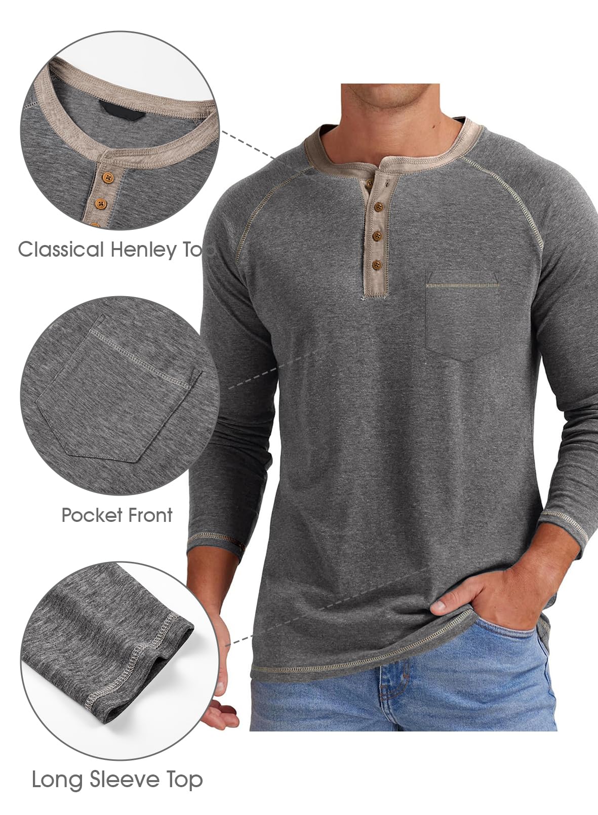 Meilicloth Mens T Shirt Long Sleeve Tshirt Casual Pullover V Neck Tee Shirt Button up Henley Tops Lightweight Shirt with Pocket