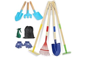 DEMOLIKE Kids Gardening Tools, 10PCS Kids Garden Tool Set with Rake, Spade, Hoe and Leaf Rake, Wooden Gardening Tools for Kids, Outdoor Toys Gift for Boys and Girls