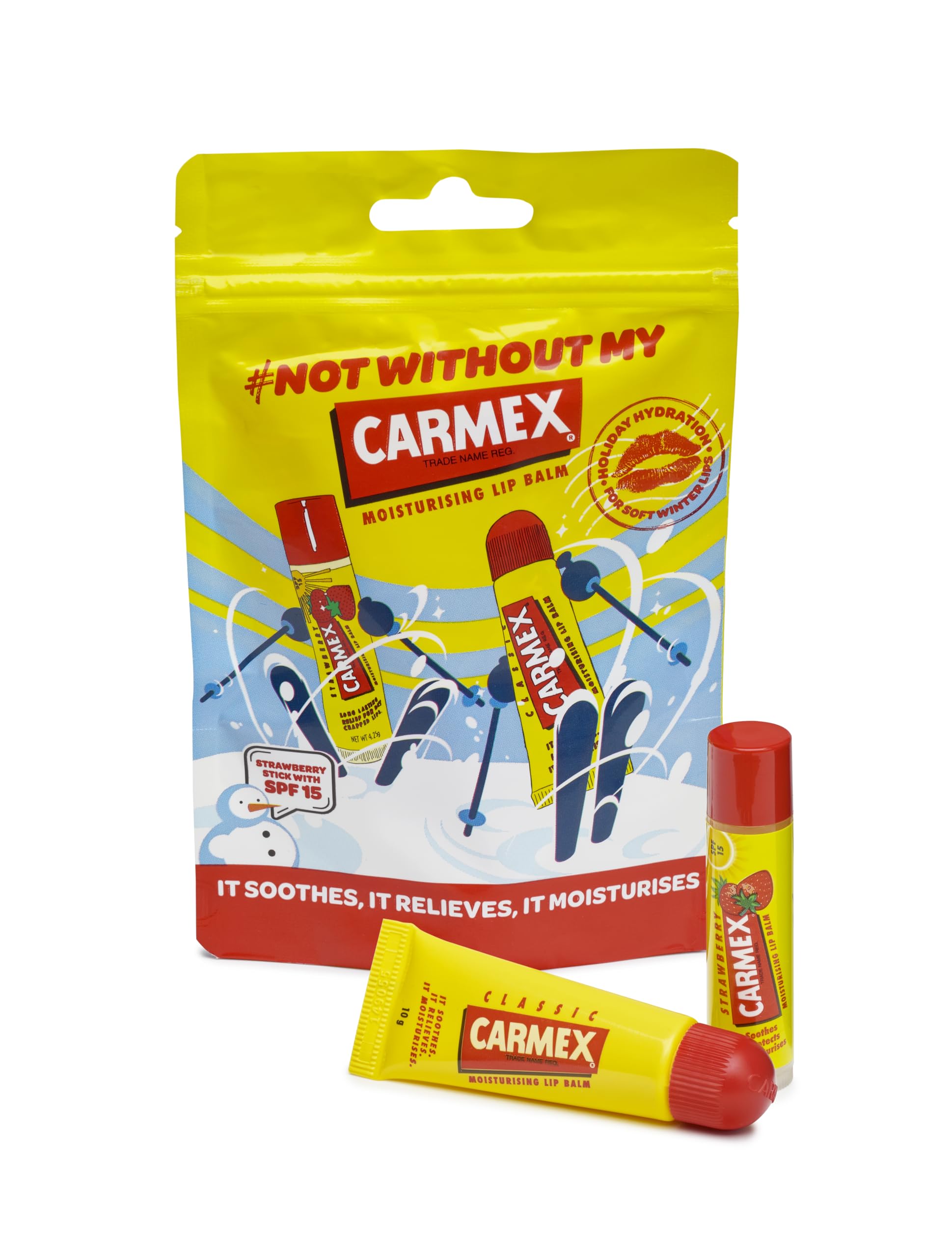 Carmex Autumn/Winter Lip Balm Pouch (1x Classic Tube & 1 Strawberry Stick) Softens & Hydrates Lips
