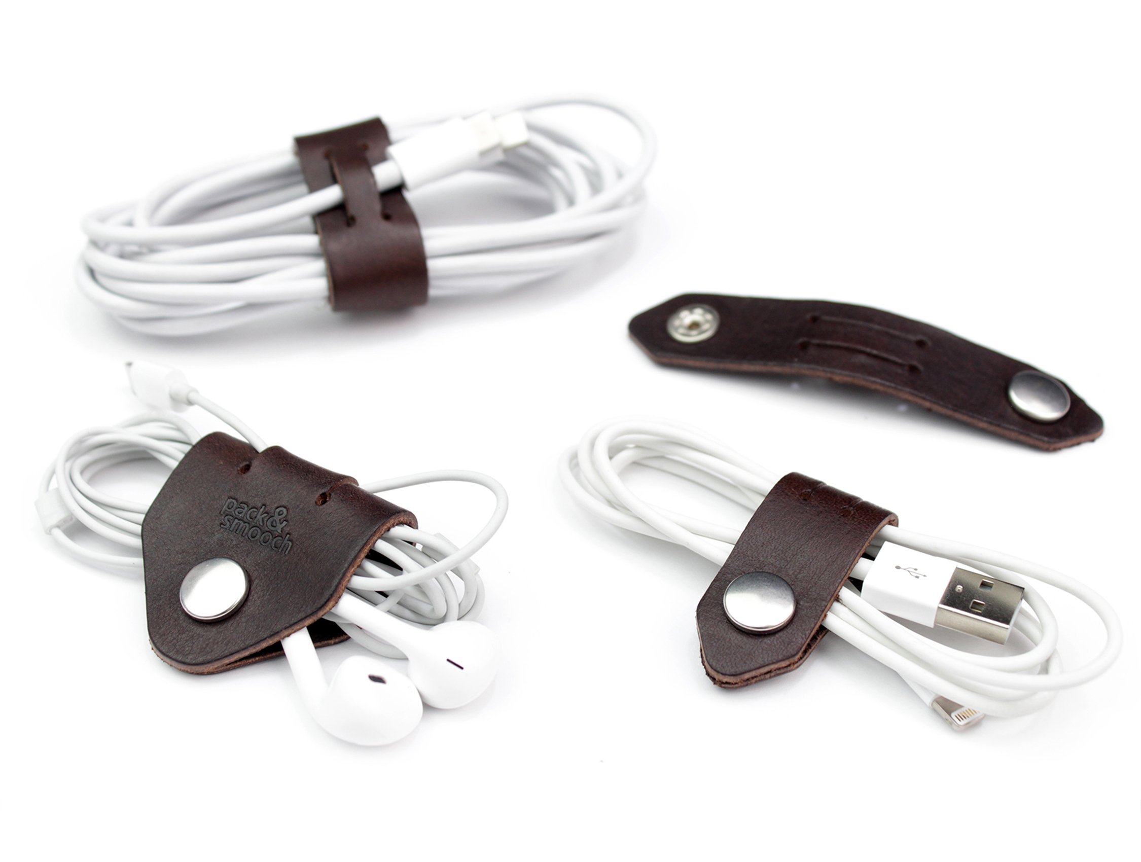 Pack & Smooch Cable Organizer Set, Cable Holder, Cable Ties 100% Vegetable Tanned Leather Made in Germany (Dark Brown)