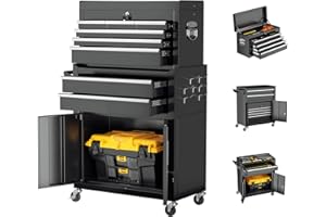 Crownland 8-Drawer Rolling Tool Chest with Wheels, Lockable 2 in 1 Detachable Tool Cabinet wit Drawers and Black Liners, Garage Top Toolbox & Bottom Storage Cart with Side Hooks(Black)