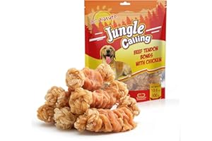 Jungle Calling Beef Tendons for Dogs, Chicken Wrapped Tendons Dog Chews Long Lasting Hip and Joint Supplement for Dogs with Glucosamine (Knotted Bone)