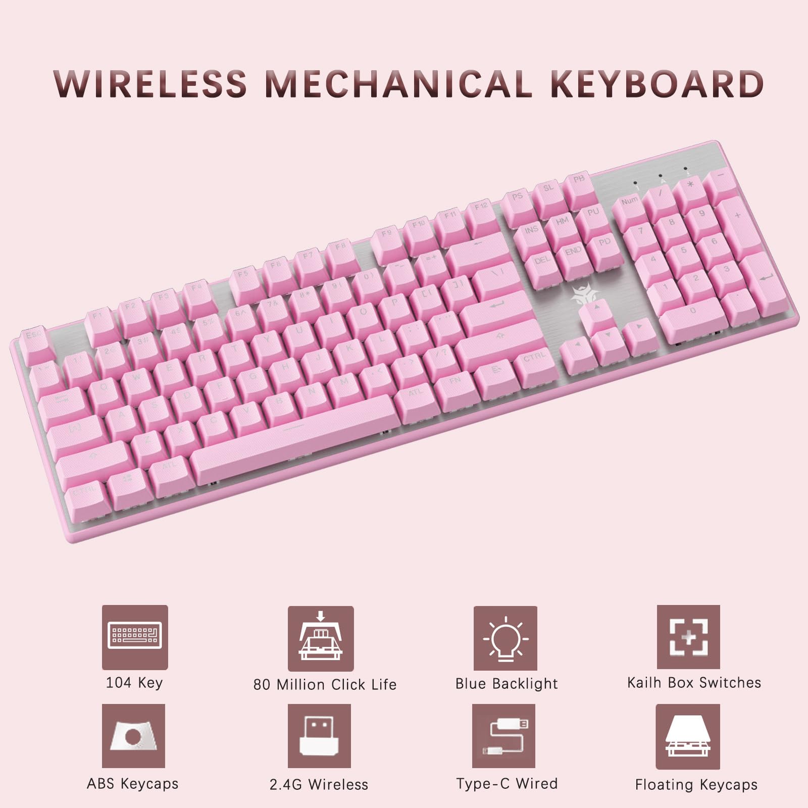 Hexgears G5 2.4G Wireless Mechanical Keyboard 104 Key, Wireless and Type-C Wired Connection, Full-Size Gaming Keyboard, Blue Led Backlit, Kailh Box Switches, Compatible with Windows and Mac OS