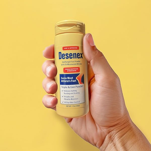 DESENEX ANTI-FUNGAL FOOT POWDER, CURES MOST ATHLETE’S FOOT, 2% MICONAZOLE NITRATE, HELPS RELIEVE ITCHING, BURNING AND SCALING, ATTACKS AND ABSORBS MOISTURE, ALL DAY ODOR CONTROL, 1.5OZ