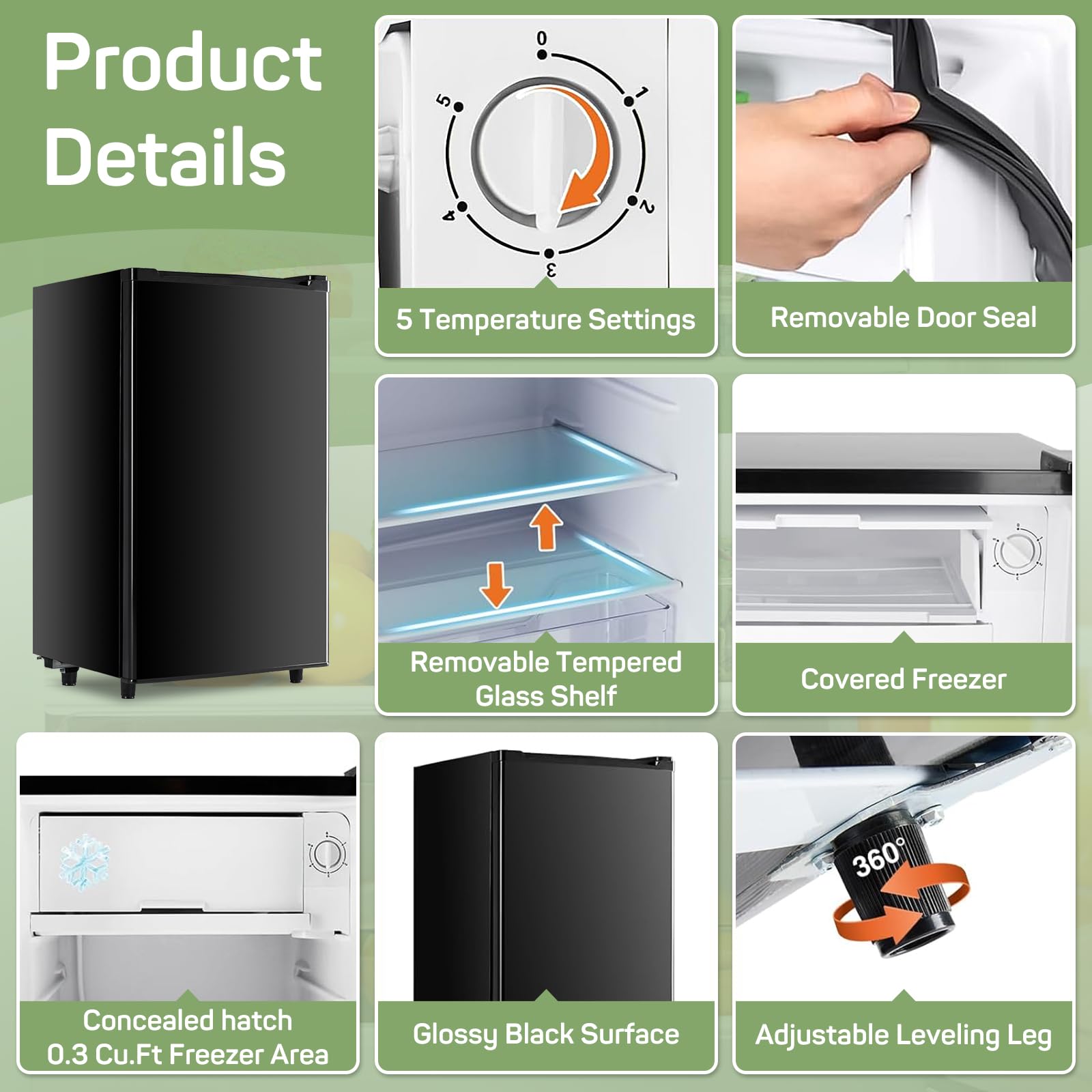 Upgraded Mini Fridge for Bedroom 3.2 Cu.Ft Small Refrigerator with Freezer for Dorm Office, Compact Single Door Adjustable Thermostat Low Noise, 17.5