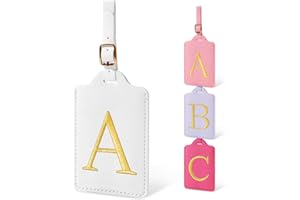 IQIMOTT Initial Luggage Tags for Suitcases, Cute Embroidered Letter Luggage Bag Suitcase Identifier Name Baggage Tag, PU Leather Travel Luggage Tags, Bag Tags for Men Women Kids Luggage Handbags(White A)