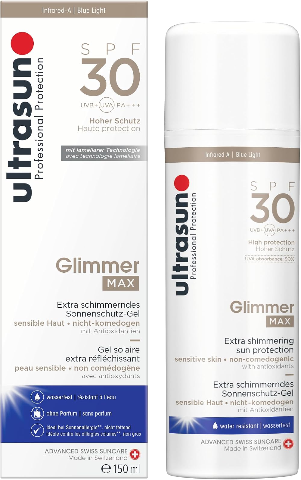 Ultrasun Glimmer Max SPF30 150ml Sun Protection Golden Shimmer UVA UVB IR-A