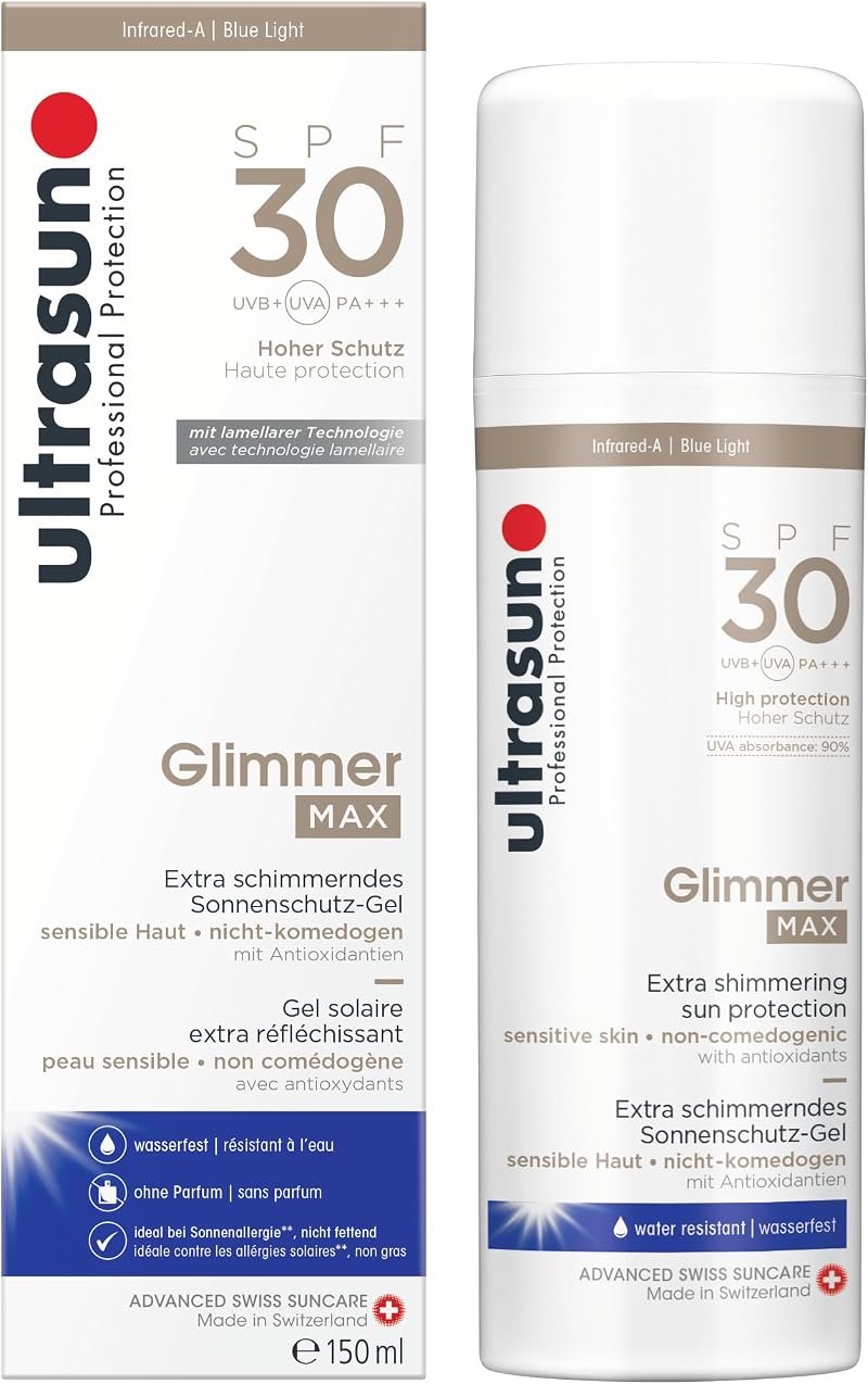 Ultrasun Glimmer Max SPF30 150ml Sun Protection Golden Shimmer UVA UVB IR-A