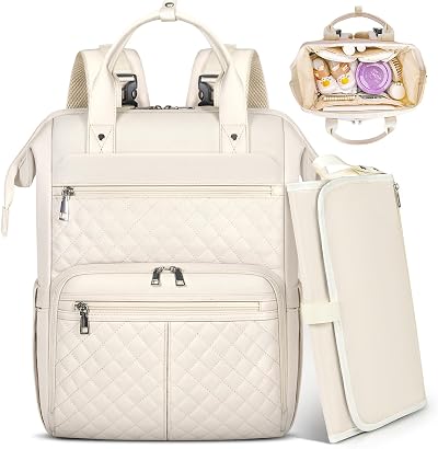 RAINSMORE Baby Changing Bag Backpack Nappy Bag with Mat White