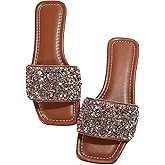 GORGLITTER Women's Sparkly Jeweled Flat Sandals Dressy Open Toe Glitter Shiny Slippers Slip-on Shoes