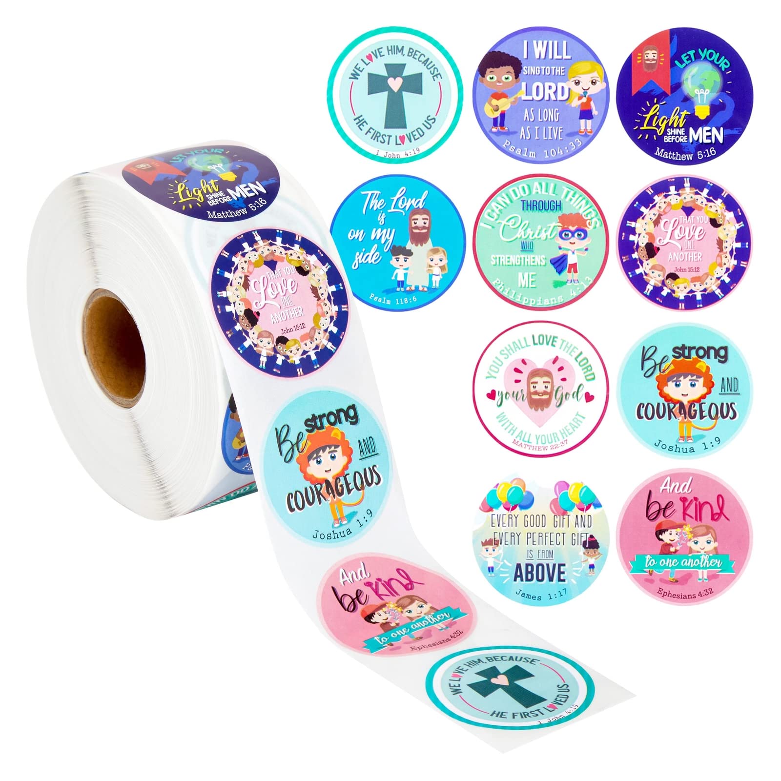 1000 Pieces Christian Stickers, Bible Verse Stickers for Kids, Easter, School, Religious Sticker Roll, 10 Designs, James 1:17, Psalm 104:33, Ephesians 4:32 (3.8 cm Diameter)