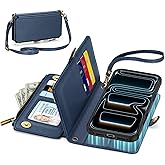 TUCCH Crossbody Detachable Wallet Case for iPhone 17 Pro 6.3" 2025, 9 Card Holders RFID Blocking, Wireless Charging, Stand, Wrist Strap, Lanyard, Zipper Pocket, PU Leather Shockproof Cover, Dark Blue