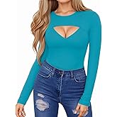 HERLOLLYCHIPS Womens Long Sleeve Tops Short Sleeve Cut Out Front Ribbed Fitted Sexy Casual Dressy Fall Tee T-Shirts Tshirt