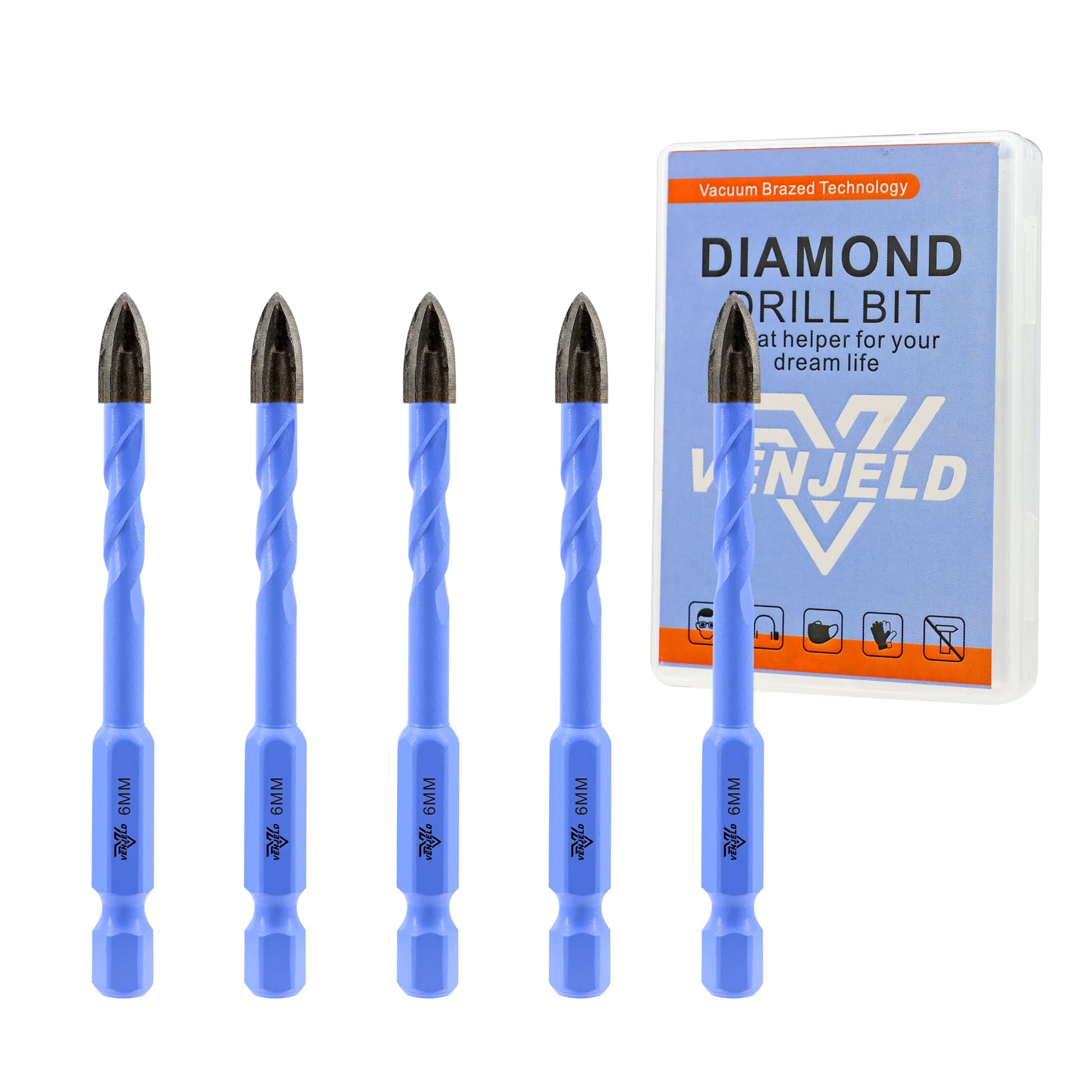 VENJELD Masonry Drill Bits Set - 6mm 5Pcs Carbide Drill Bit for Wood Plastic Masonry Ceramic Tile Concrete Marble - Quick Change Hex Shank with Storage Case