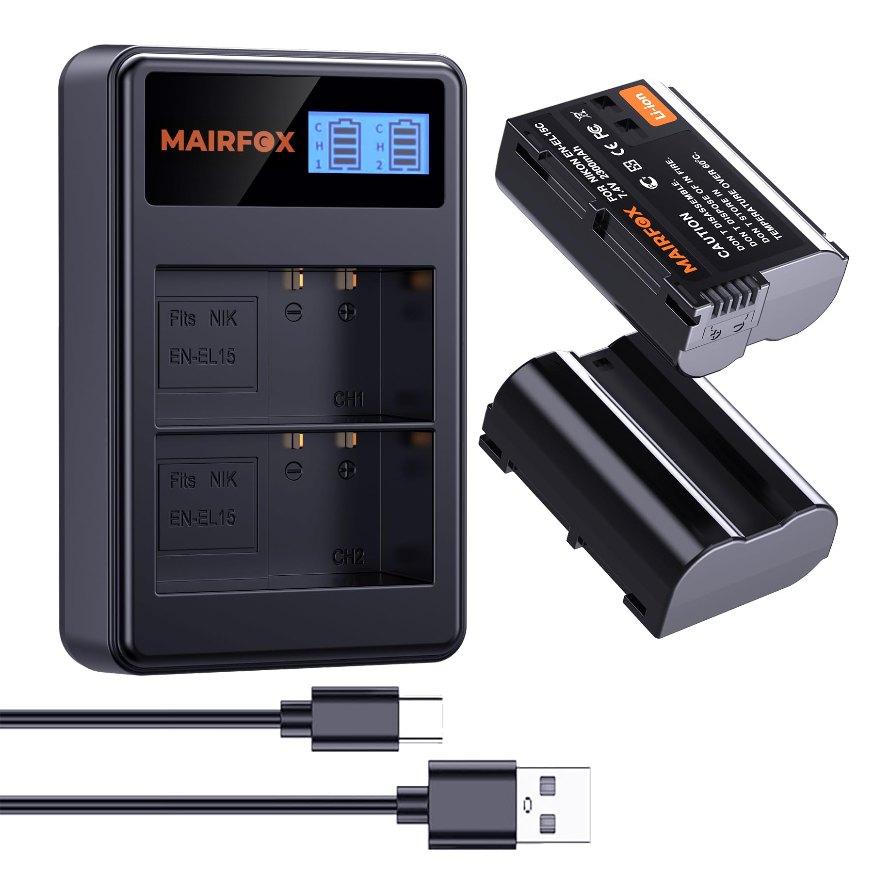 Photo 1 of MAIRFOX 2-Pack EN-EL15c/EN-EL15/EN-EL15a/EN-EL15b Battery Charger Set for Nikon Z5 Z6 Z6II Z6III Z7 Z7II Z8 ZF, D7500 D7200 D7100 D7000? D850 D810 D810A D780 D750 D610 D600 D500, V1 Camera, 2300mAh