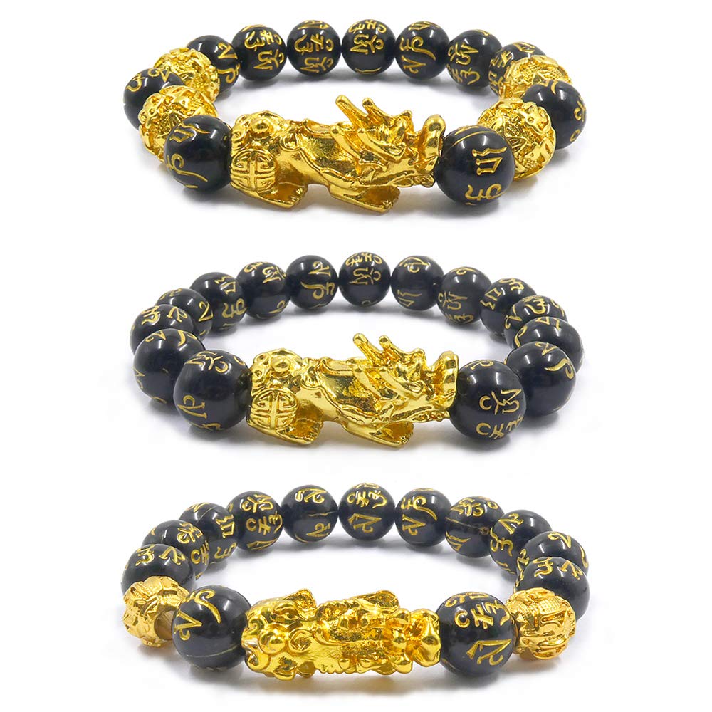 3Pcs Pi Xiu Bracelet, Feng Shui Black Obsidian Bracelets, with Gold Plated Chinese Sacred Beast Pi Xiu Attract Wealth and Good Luck, Adjustable Elastic Bead Bracelet for Men Women (111)