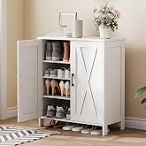 Homleke Farmhouse Shoe Cabinet with 2 Barn Doors &amp; Wood Legs | Tall 4-Tier Shoe Storage Cabinet, 3 Adjustable Shelves, Shoe Rack Organizer, for Entryway, Hallway, Closet, White