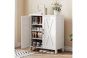 Homleke Farmhouse Shoe Cabinet with 2 Barn Doors & Wood Legs, 5-Tier Shoe Storage Cabinet with 3 Adjustable Shelves, Tall Shoe Rack Organizer for Closet, Shoe Organizer for Entryway, Hallway, White