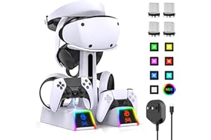 FASTSNAIL RGB Controller Charging Station for PS VR2 / PS5 / PS5 Edge with 5V/3A Adapter & 10 Led Light, Wireless Controller Charger Dock for PlayStation 5, Charging Stand with VR2 Headset Holder