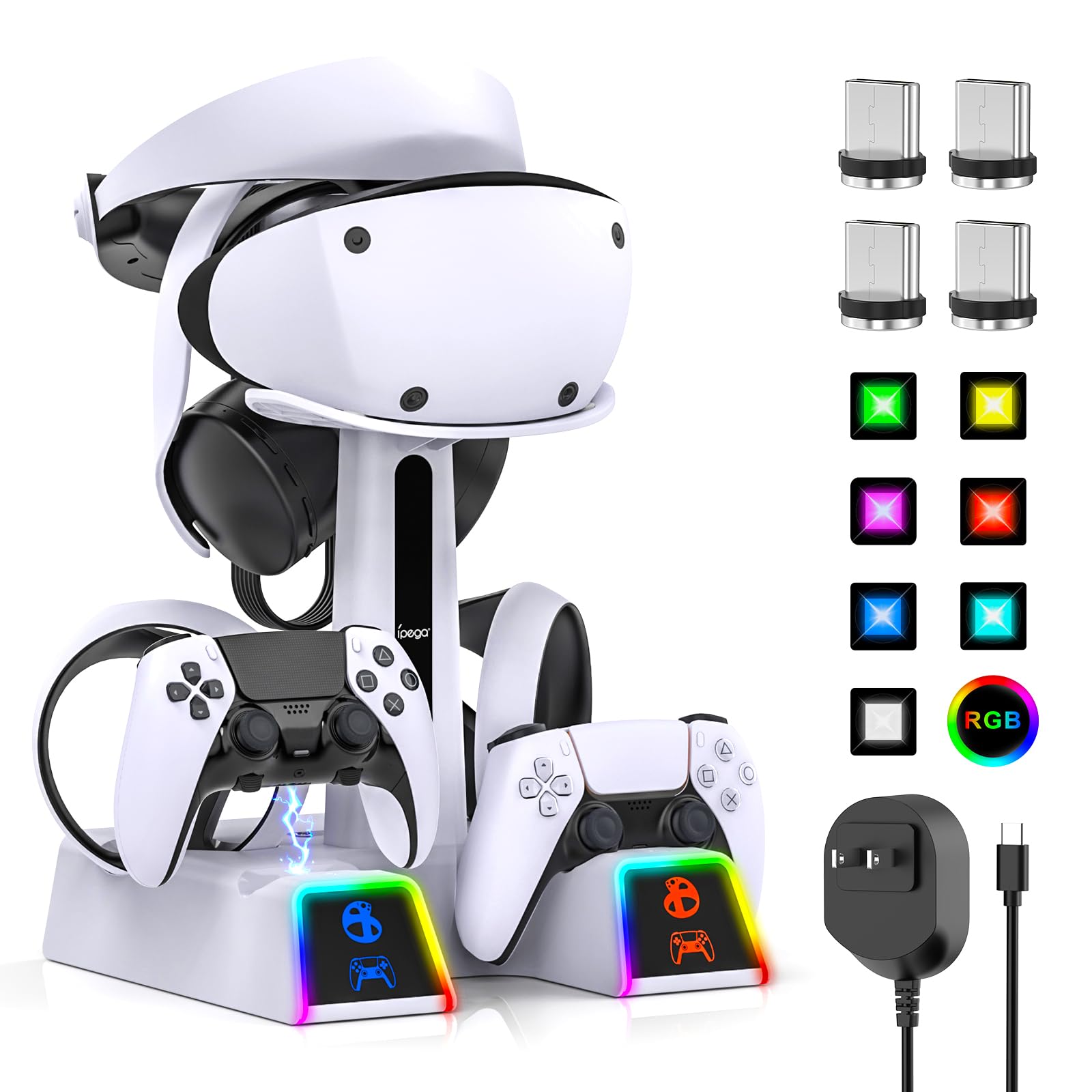 RGB Controller Charging Station for PS VR2 / PS5 / PS5 Edge with 5V/3A Adapter & 10 Led Light, Wireless Controller Charger Dock for PlayStation 5, Charging Stand with VR2 Headset Holder