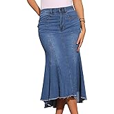 Allegra K Women's Washed Fishtail Denim Skirt High Waist Raw Hem Fashion Casual Midi Jean Skirts with Pockets