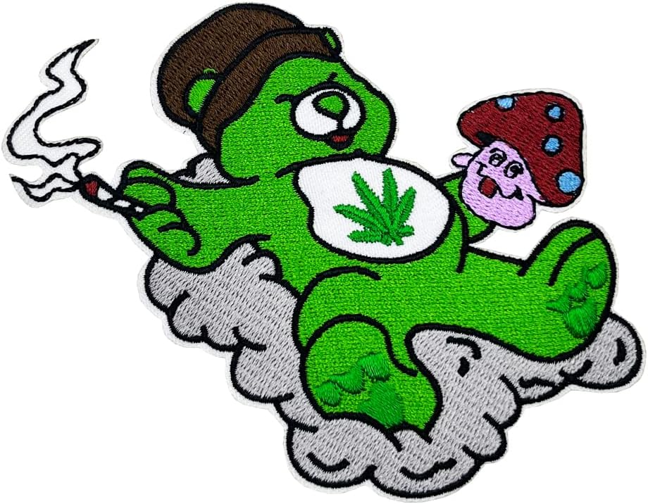 Mixed Media - Don't Care Bear Embroidered Iron on Patch, Funny Meme Pot Leaf Emblem