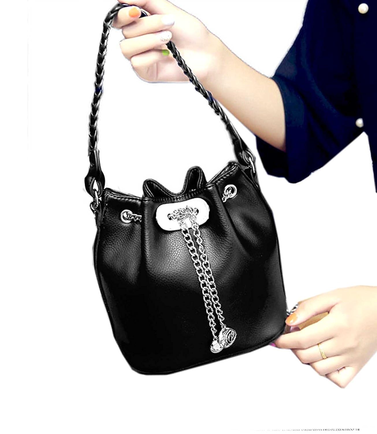 di grazia womens shoulder sling bucket cross body bag (black, black-silver-chain-bucket-handbag)