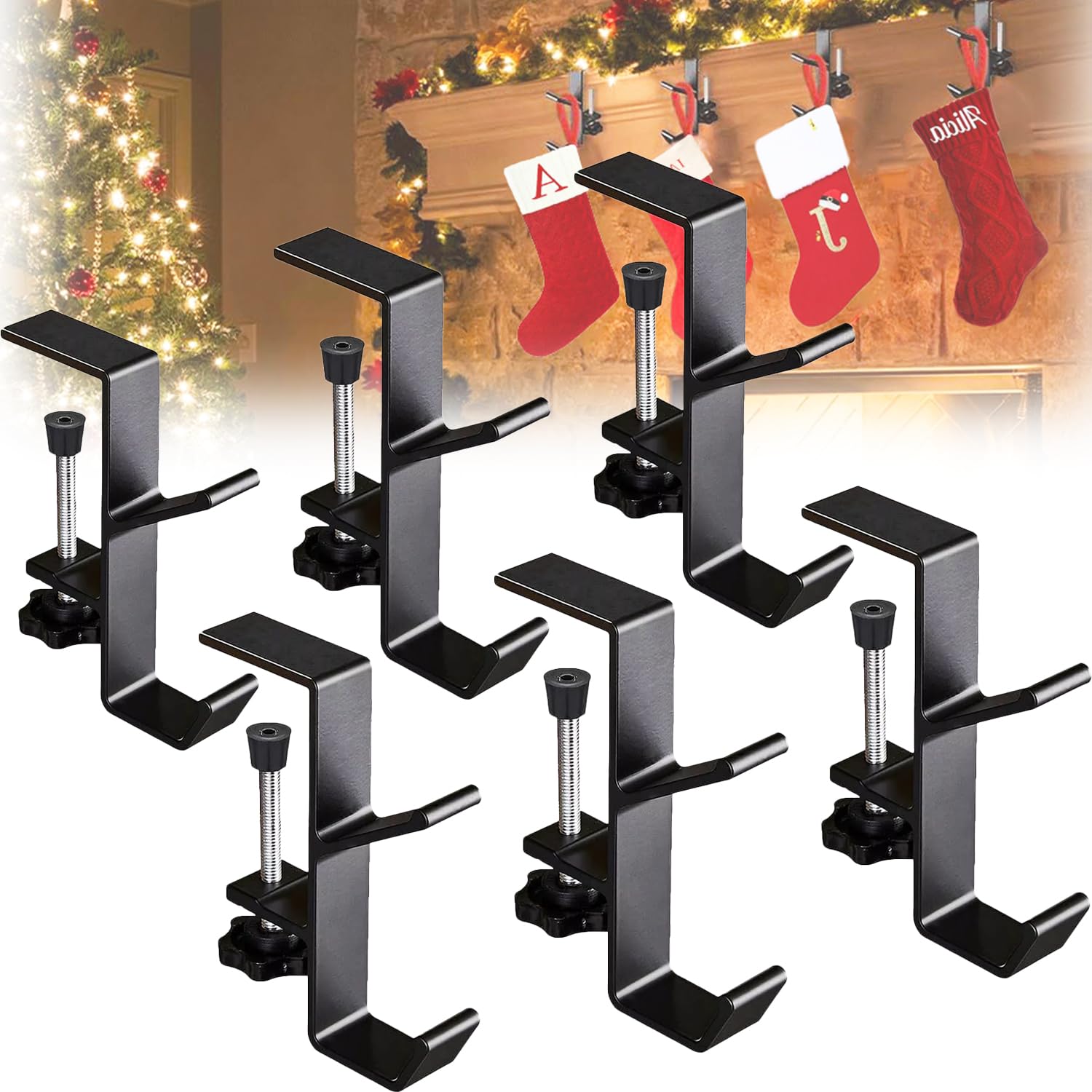 Photo 1 of 2 in 1 Garland Stocking Hangers,Adjustable Garland Hanger and Stocking Mantel Holders,No Drill Garland Fireplace Stocking Hanger with 2 Hooks for Home Christmas Decoration (6PCS-Black)