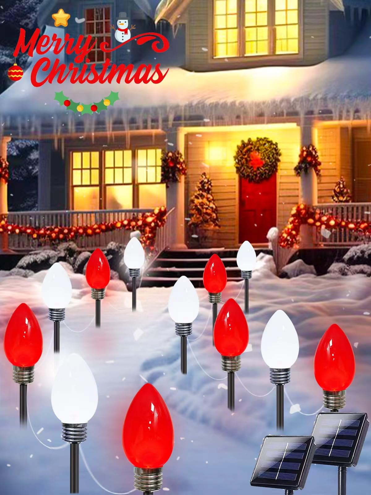 Photo 1 of 12 Pack Large C9 Christmas Decorations Outdoor Waterproof, Solar C9 Christmas Lights Outdoor with 2 Modes, Solar Pathway Light for Outside Party Yard Lawn Patio Walkway Xmas Decoration (Red and White)