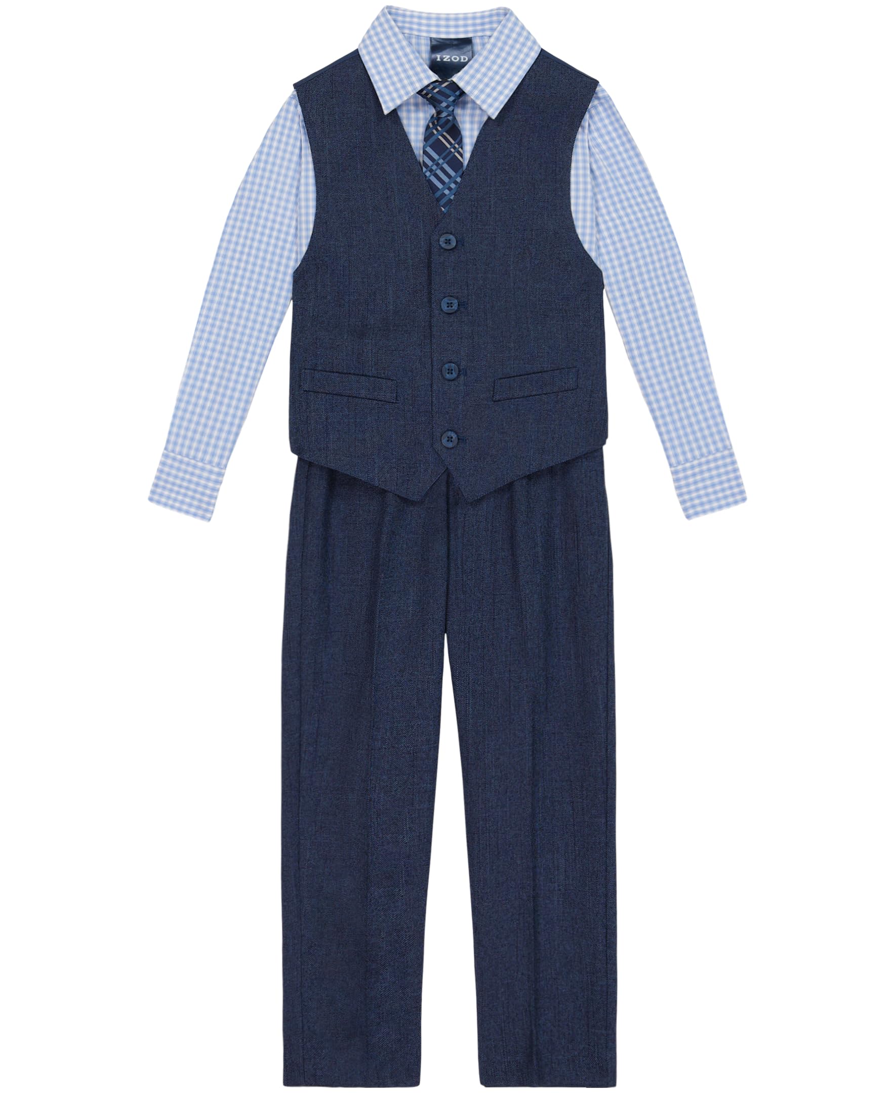 Izod Boys 4-Piece Set with Collared Dress Shirt, Tie, Vest, and Pants Business Suit, Tanzanite, 8 US Image